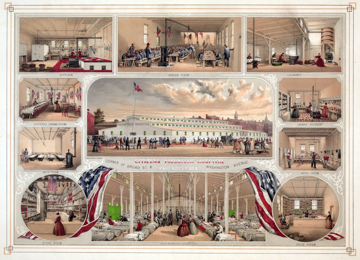 Vatandaş Gönüllü Hastanesi için poster, Philadelphia, pub. 1862 by James Fuller Queen