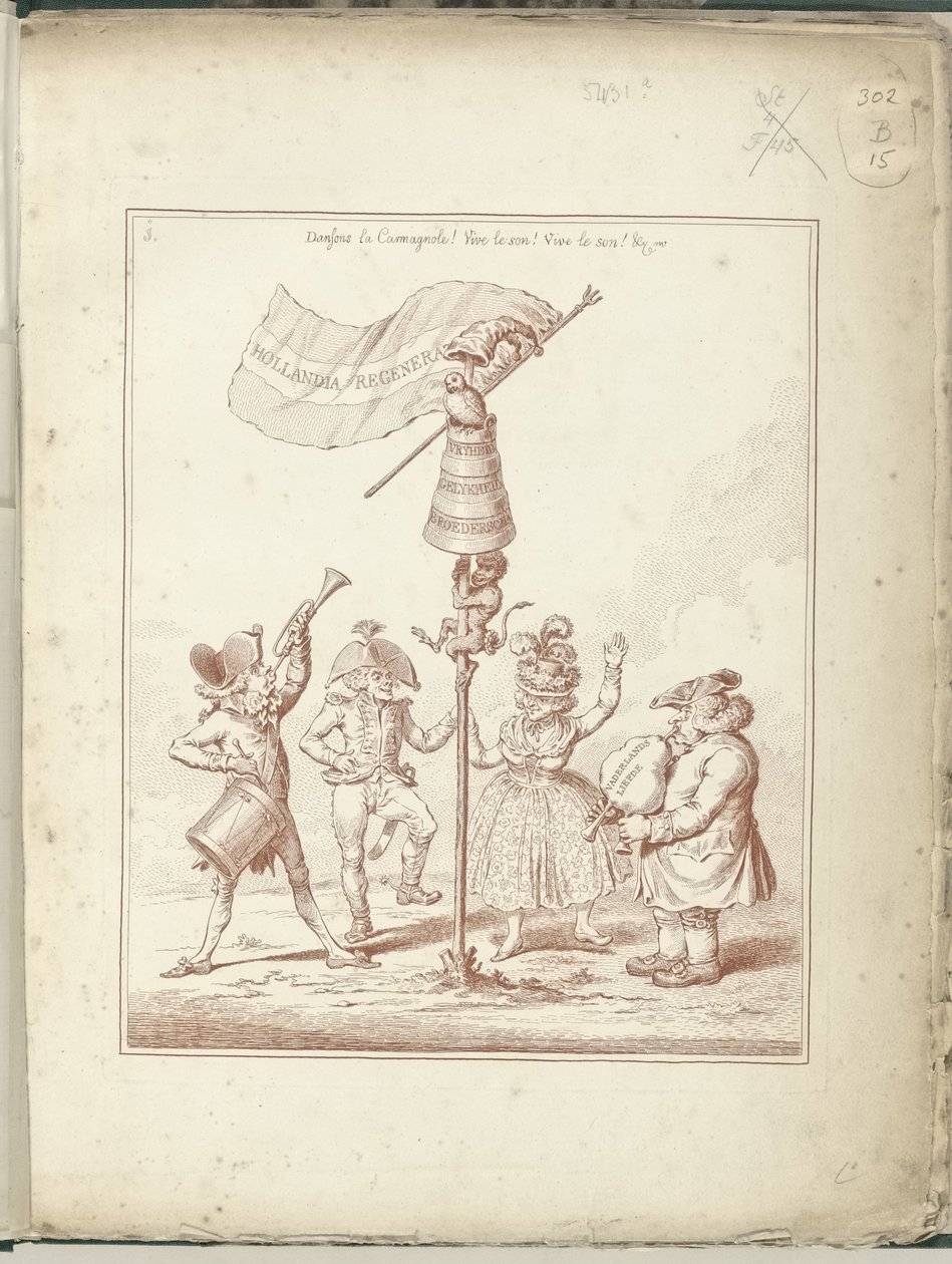 Titelpret van serisi Hollandia Regenerata, 1795 Hollandia Regenetata (nesne üzerindeki başlık) Hollandia Regenetata (dizi adı) by James Gillray (possibly)