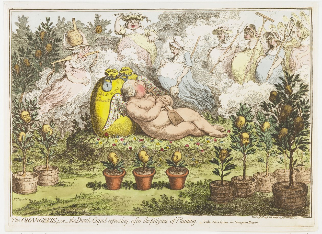 Orangerie: Dikim yorgunluğundan dinlenen Hollandalı Aşk Tanrısı, 1796 portakal bahçesi; veya Dikim yorgunluğundan sonra dinlenen Hollandalı Aşk Tanrısı (nesne üzerindeki başlık) by James Gillray (signed by artist)