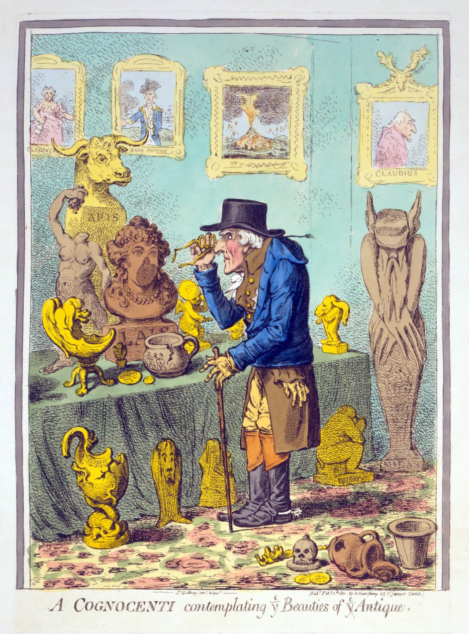 A Cognocenti contemplating ye Beauties of Ye Antique, pub. Hannah Humphrey, 11th February 1801 (hand coloured engraving) by James Gillray