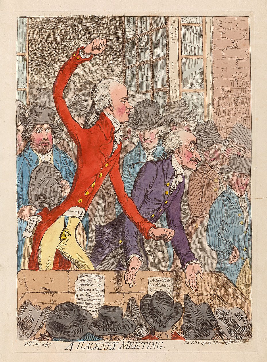 Bir Hackney Toplantısı, pub. 1796 (el renkli gravür) by James Gillray