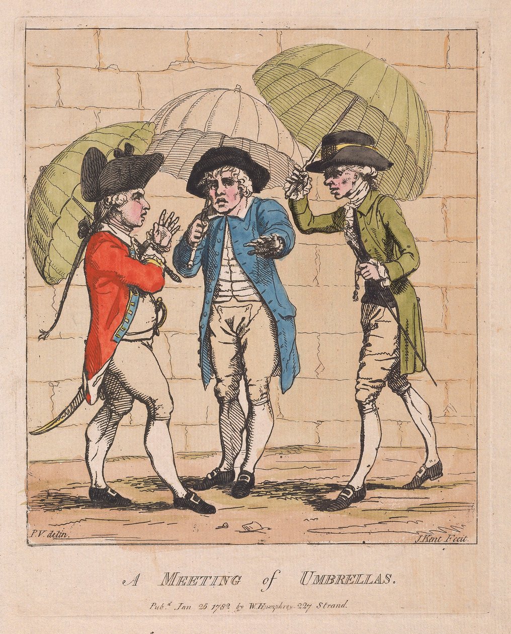Şemsiyeler Buluşması, pub. 1782 (el renkli gravür) by James Gillray