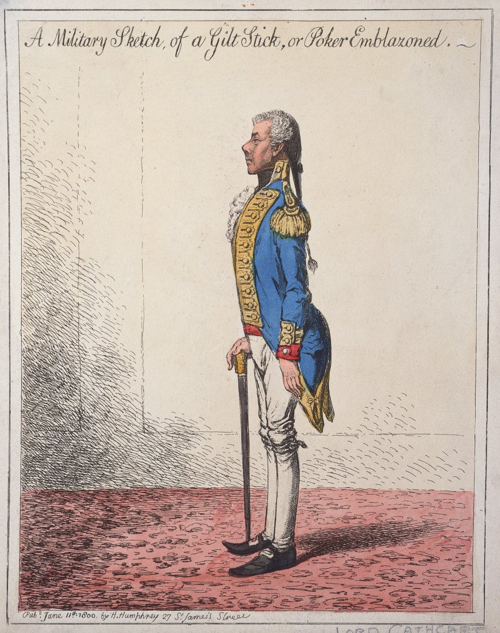 1800'de Hannah Humphrey tarafından yayınlanan Yaldızlı Çubuk veya Poker Kabartmalı Askeri Kroki (el boyaması gravür) by James Gillray