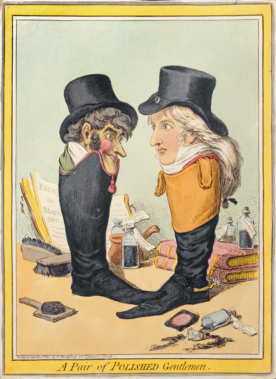 1801'de Hannah Humphrey tarafından yayınlanan bir Çift Cilalı Beyefendi (el boyaması gravür) by James Gillray