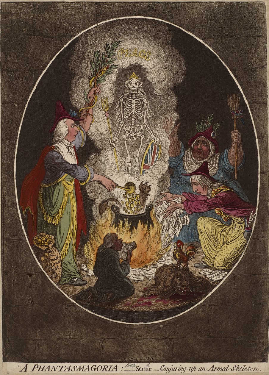 Bir Phantasmagoria; - Sahne - Silahlı İskelet Canlandırma., 5 Ocak 1803 (dokuma kağıt üzerine elle boyanmış gravür ve aquatint) by James Gillray