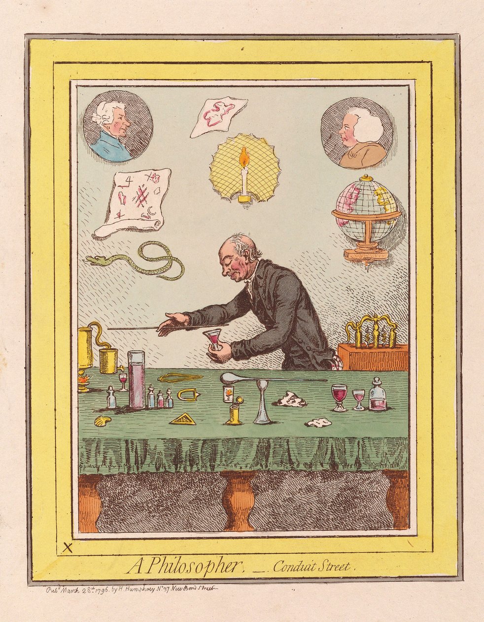 Bir Filozof: Conduit Street, pub. 1796 (el renkli gravür) by James Gillray