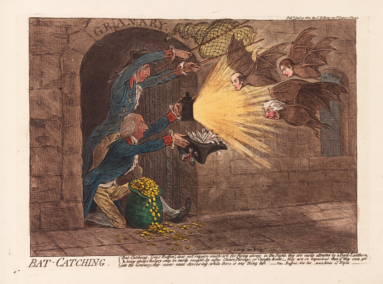 Yarasa Yakalama, bar. 1803 (el renkli gravür) by James Gillray