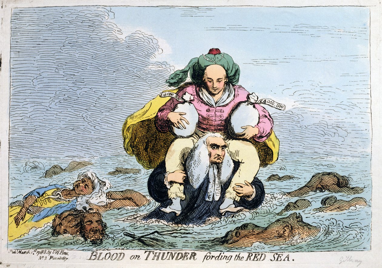 Blood on Thunder fording the Red Sea, S.W. Fores tarafından 1788 yılında yayımlanmıştır (elle renklendirilmiş gravür) by James Gillray