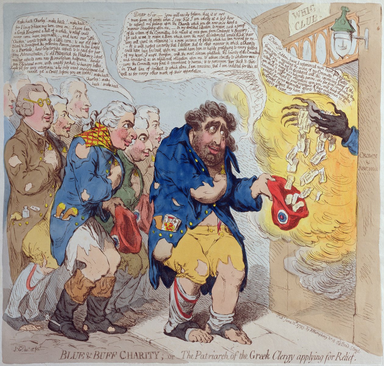 Blue und Buff Charity veya Yardım için başvuran Yunan Din Adamlarının Patriği, Hannah Humphrey tarafından 1793