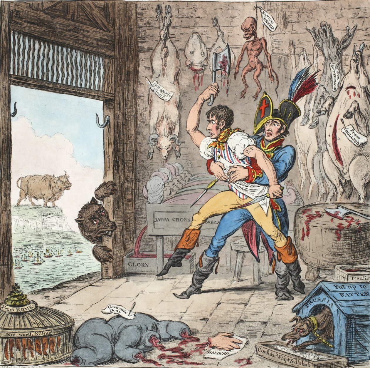 Boney ve Talley, The Corsican Carcase-Butchers Reckoning Day - No Quarter Day!, s. 1803 (el renkli gravür) by James Gillray