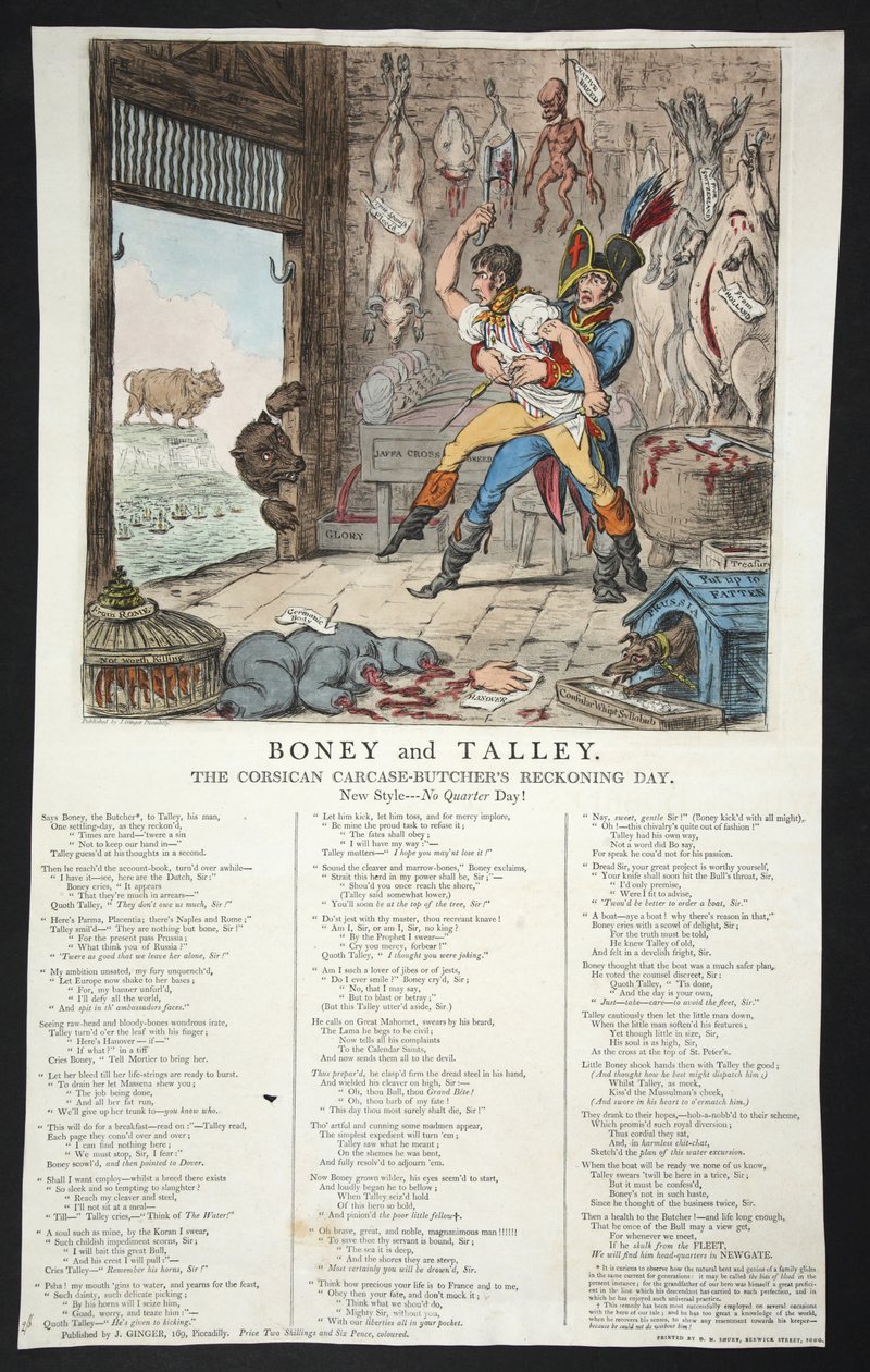 Boney ve Talley, The Corsican Carcase-Butchers Reckoning Day - No Quarter Day!, s. 1803 (el renkli gravür) by James Gillray