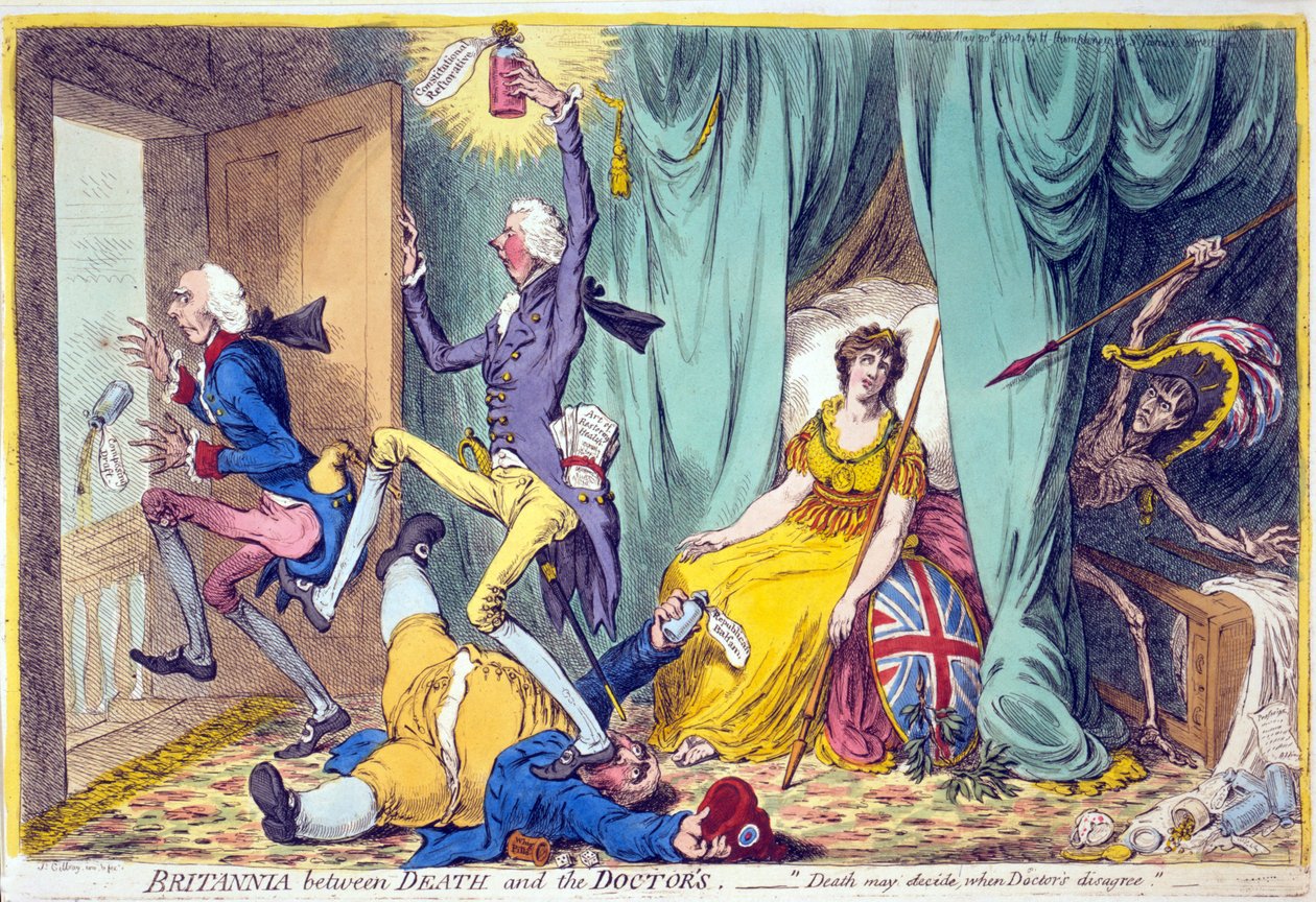 Ölüm ve Doktorlar arasında Britannia, pub. Hannah Humphrey, 20 Mayıs 1804 (el renkli gravür) by James Gillray