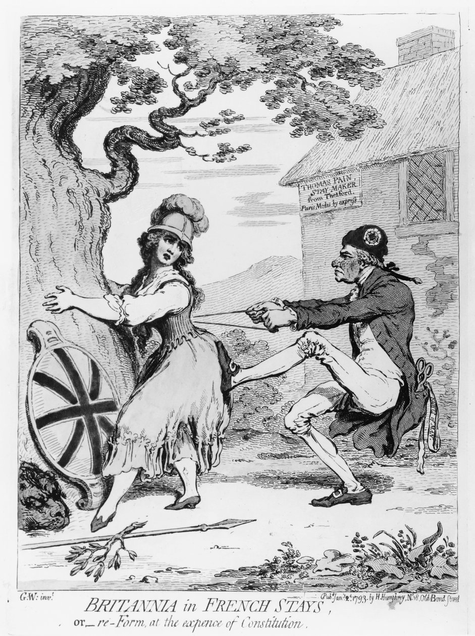 Britannia in French Stays, or Re-Form at the Expense of Constitution, Hannah Humphrey tarafından 1793