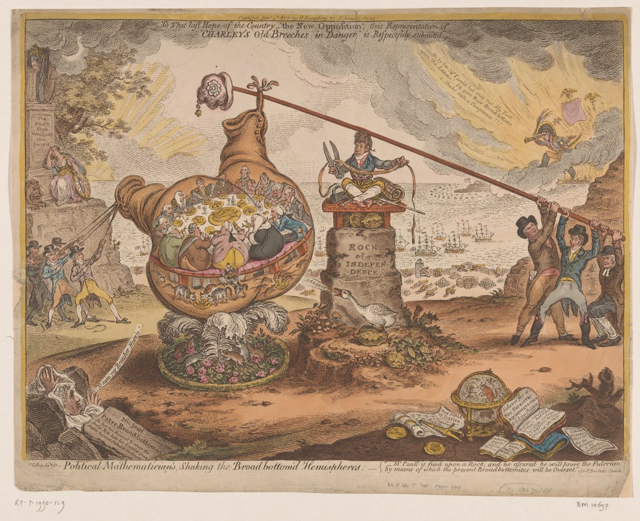 Britse politieke spotprent, 1807 Politik Matematikçinin, Geniş dipli Yarımküreleri Sallayarak (nesne üzerindeki başlık) by James Gillray