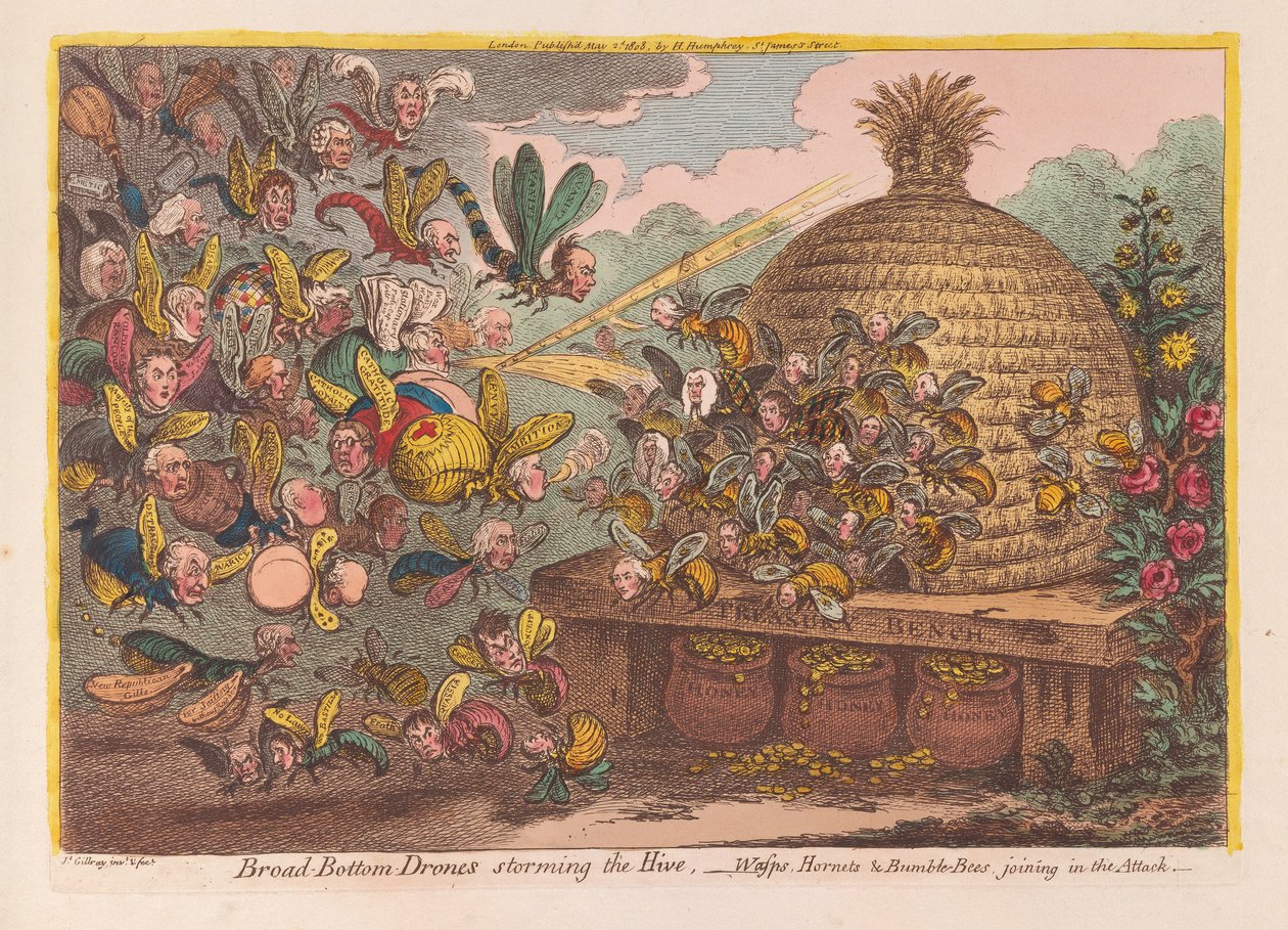 Geniş Dipli Dronlar Kovana hücum ediyor: Eşekarısı, Hornet ve Bombus arıları saldırıya katılıyor, pub. 1808 (el renkli gravür) by James Gillray