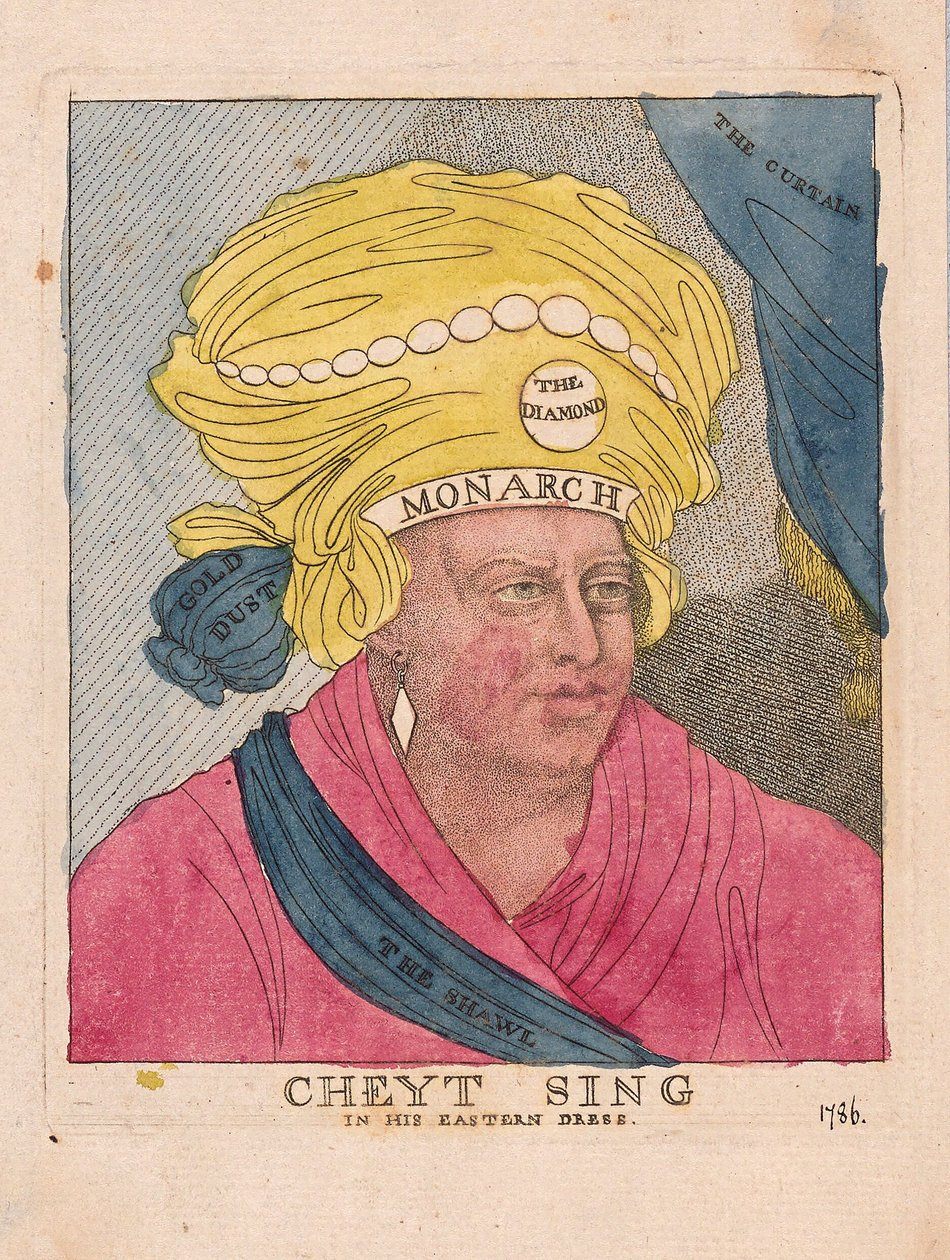 Cheyt Sing, Doğu Elbisesiyle, pub. 1786 (el renkli gravür) by James Gillray