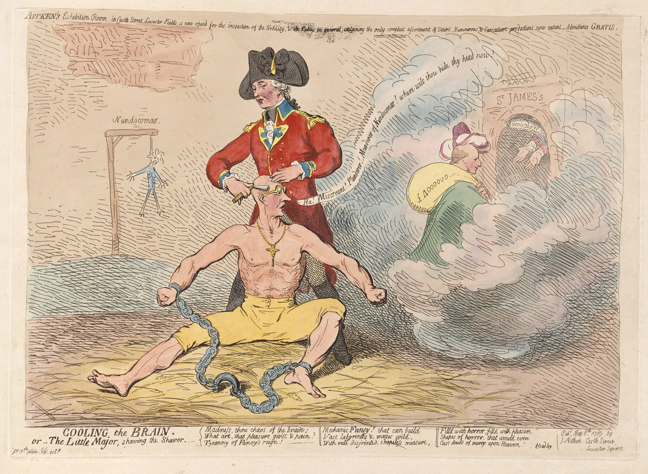 Beyni Soğutmak veya Küçük Binbaşı Tıraş Makinesini tıraş ediyor, pub. 1789 (el renkli gravür) by James Gillray