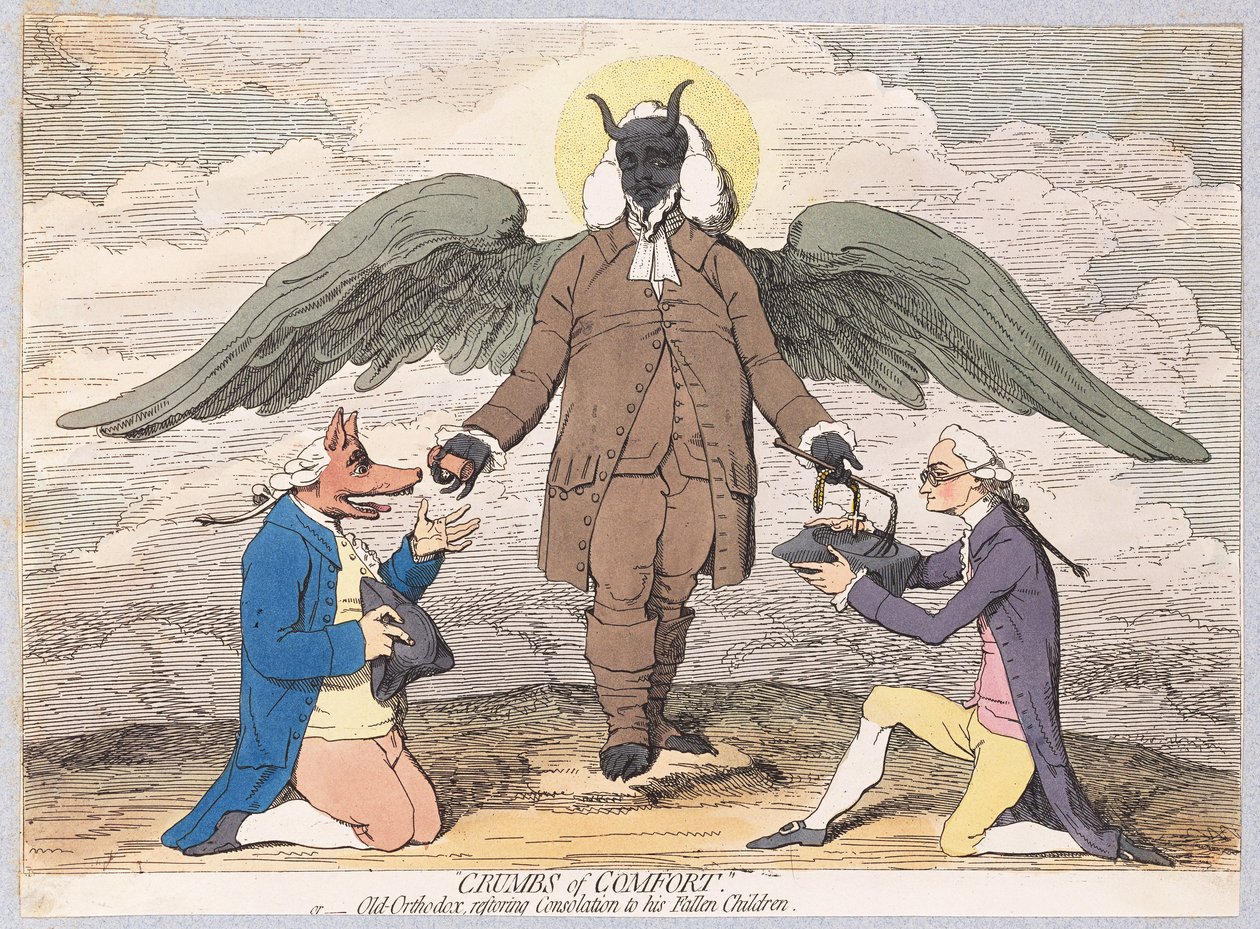 Rahatlığın Kırıntıları veya Düşmüş Çocuklarına Teselliyi Geri Veren Eski Ortodoks, pub. 1782 (el renkli gravür) by James Gillray