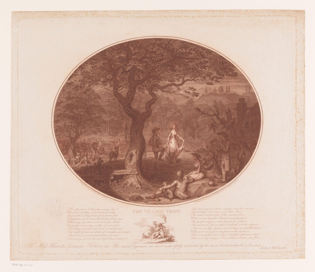 Bir ağacın altında dans eden erkek ve kadın Köy Treni (nesne üzerindeki başlık) by James Gillray