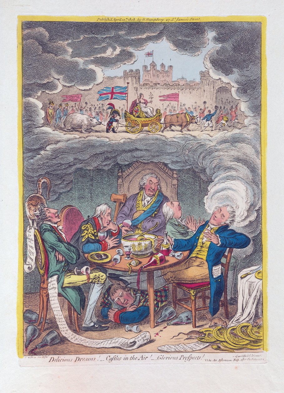 Lezzetli Rüyalar: Havada Kaleler! - Şanlı Beklentiler!, pub. 1808 (el renkli gravür) by James Gillray