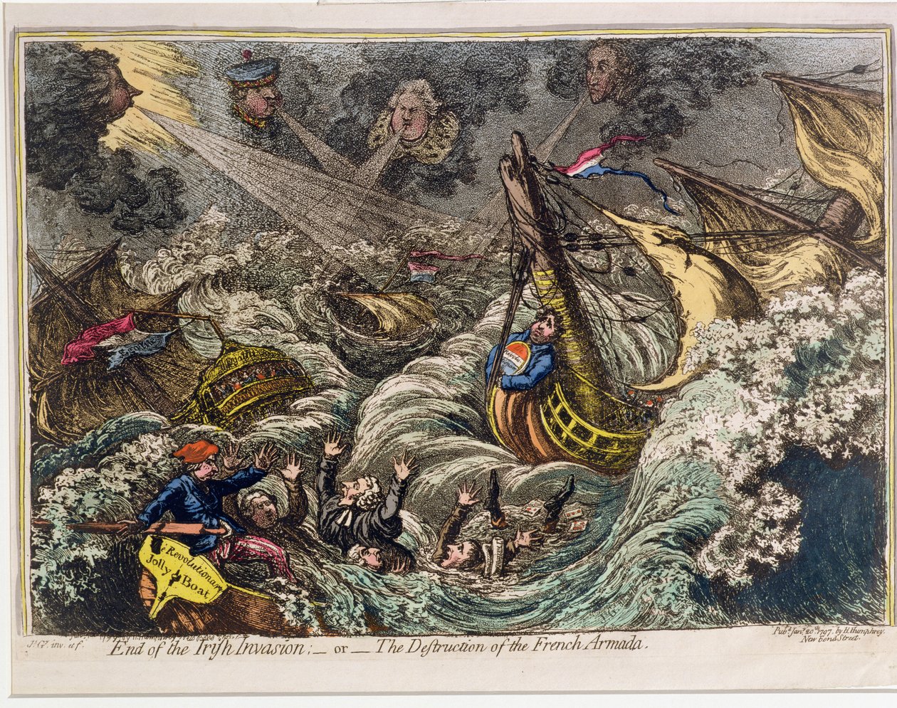 End of the Irish Invasion veya The Destruction of the French Armada, Hannah Humphrey tarafından 1797'de yayınlandı (el boyaması gravür ve aquatint) by James Gillray
