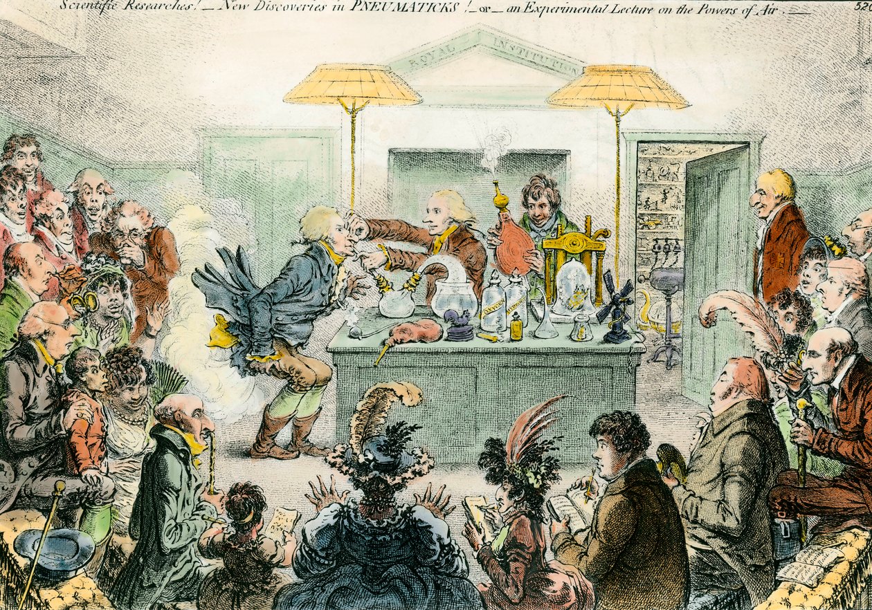 Bilim üzerine İngiliz hiciv: pnömatik malzemelerde yeni keşifler. 19. yüzyılda bilimsel konferanslar için duyulan coşku üzerine hiciv çizimi. James Gillray (1757-1815) tarafından yapılan gravür by James Gillray
