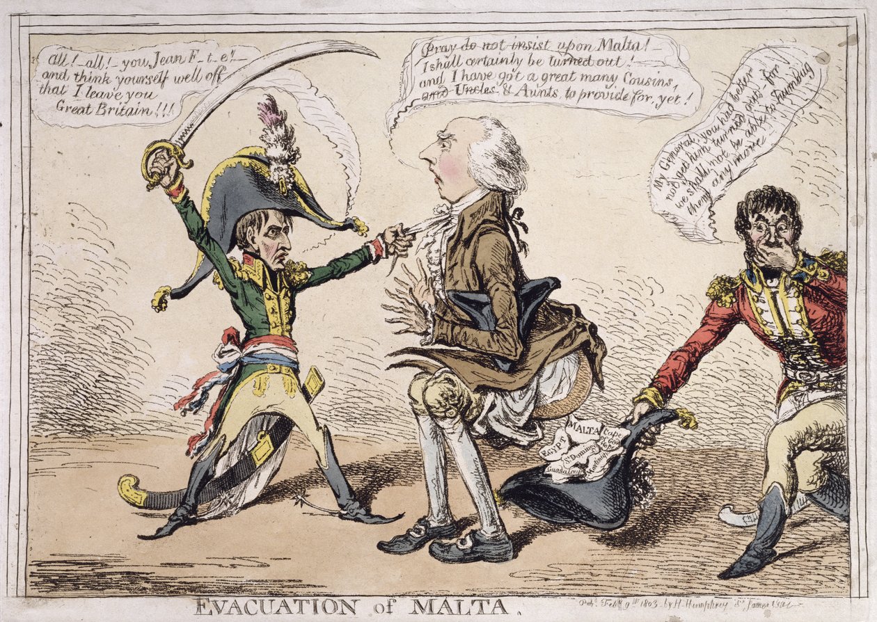 1803'te Hannah Humphrey tarafından yayınlanan Malta'nın Tahliyesi (el renkli gravür) by James Gillray