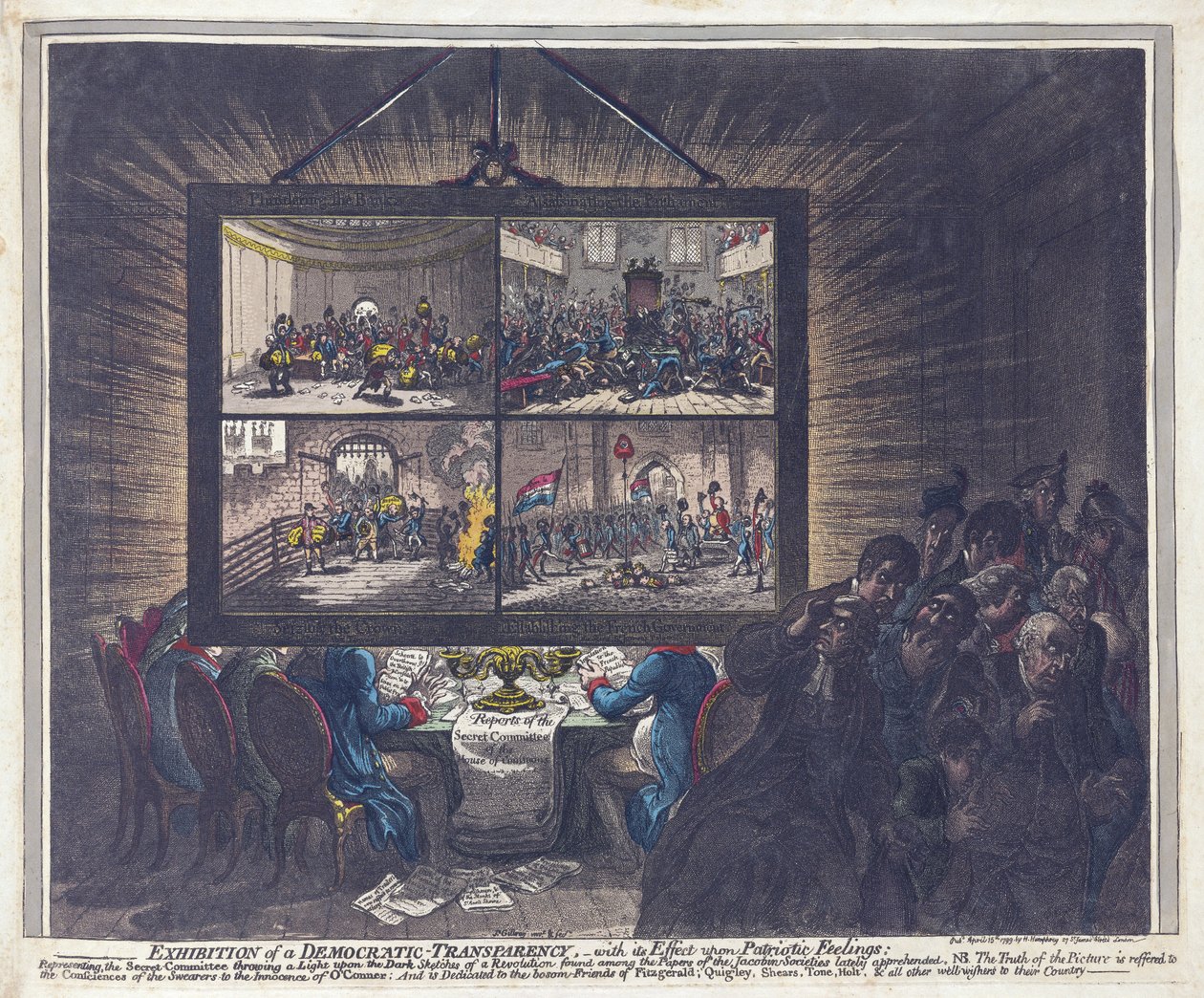 Yurtsever Duygulara Etkisi Olan Demokratik Şeffaflık Sergisi, pub. 1799 (el renkli gravür) by James Gillray