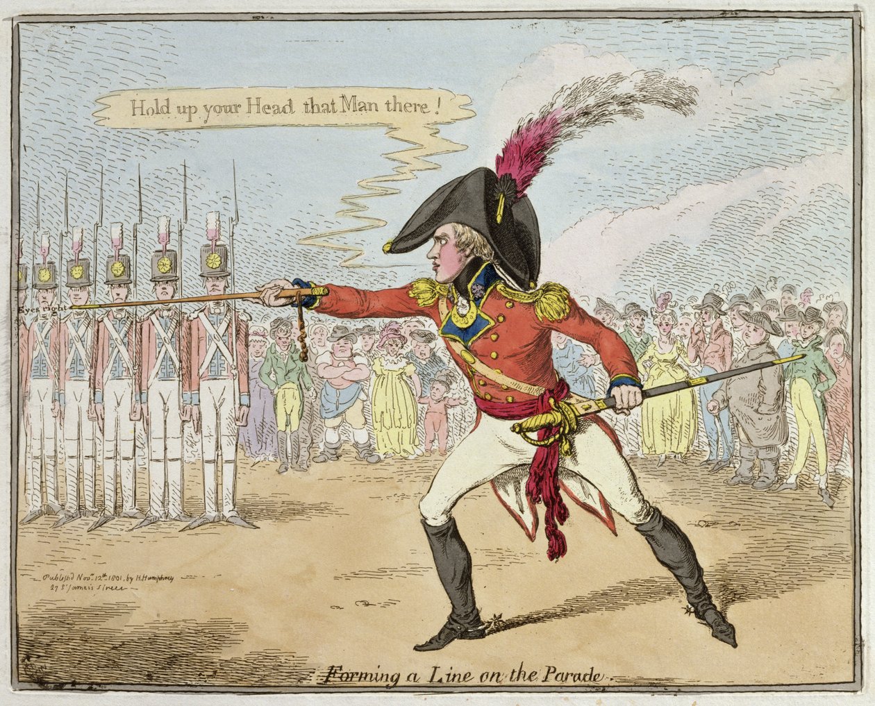 1801'de Hannah Humphrey tarafından yayınlanan Geçit Töreninde Bir Çizgi Oluşturma (el boyaması gravür) by James Gillray