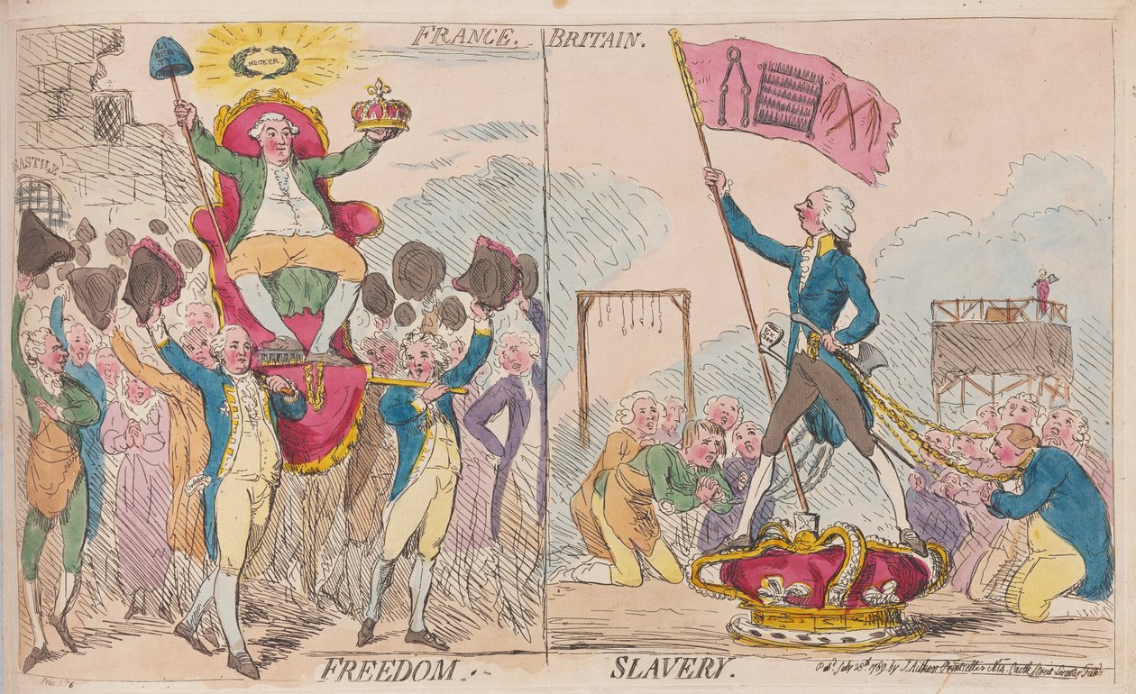 Fransa Özgürlük, İngiltere Kölelik, pub. 1789 (el renkli gravür) by James Gillray