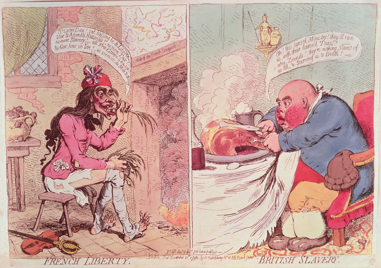 Fransız Özgürlüğü: İngiliz Köleliği, c.1789, hiciv karikatürü by James Gillray