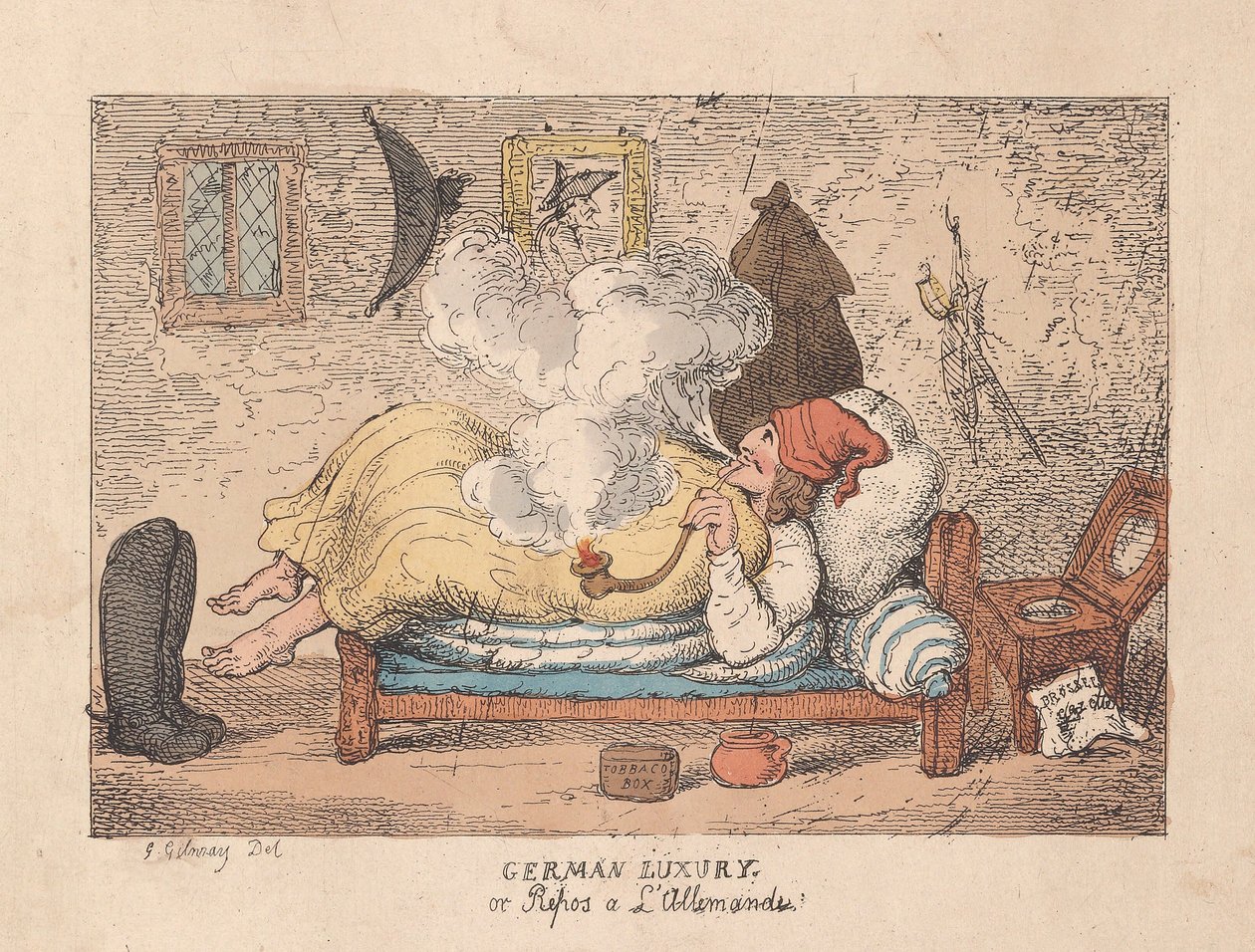 Alman Lüks veya Repos a LAllemand, pub. 1800 (el renkli gravür) by James Gillray