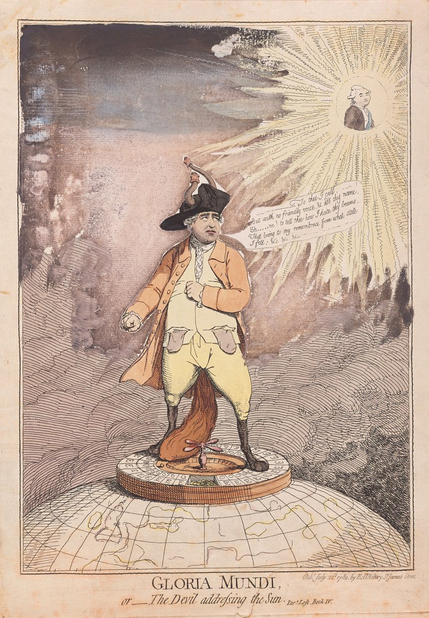 Gloria Mundi veya Güneşe Seslenen Şeytan, pub. 1782 (el renkli gravür) by James Gillray