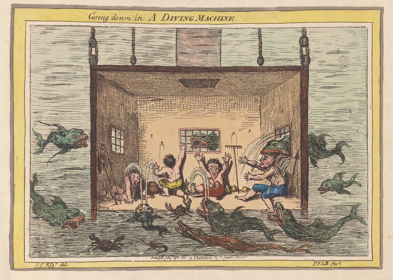 Dalış Makinesinde aşağı inmek, pub 1801 (el renkli gravür) by James Gillray