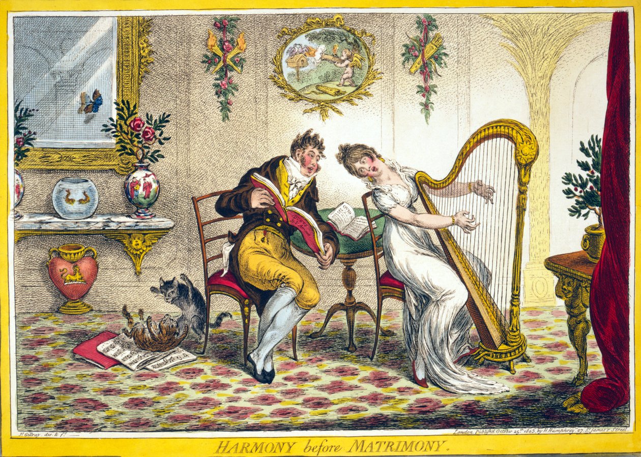 Evlilik öncesi uyum, pub. Hannah Humphrey, 25 Ekim 1805 (el renkli gravür) by James Gillray