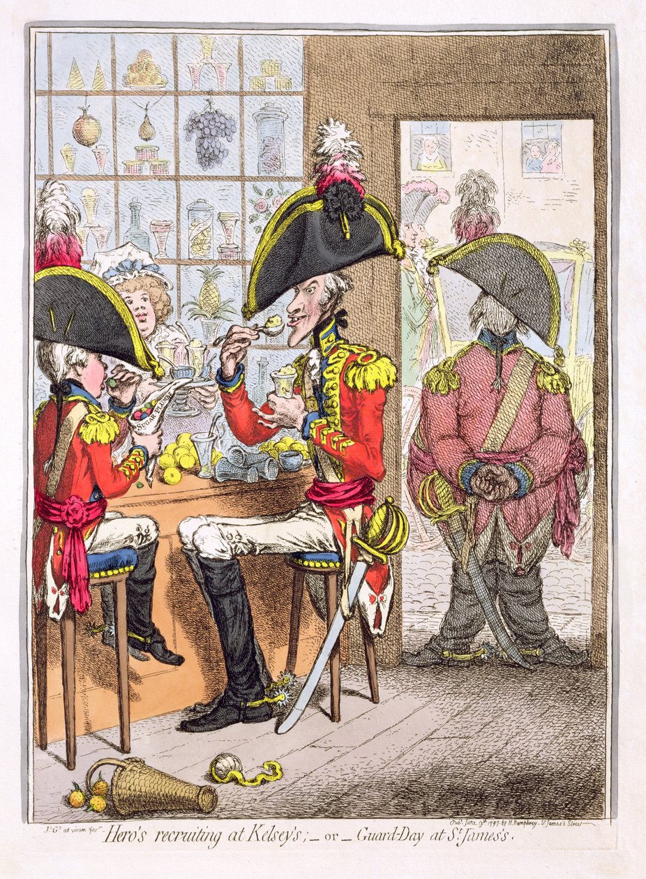 'Kahramanın Kelsey's'de İşe Alımı veya St. James's'de Muhafız Günü', pub. Hannah Humphrey, 1797 (renkli gravür) by James Gillray