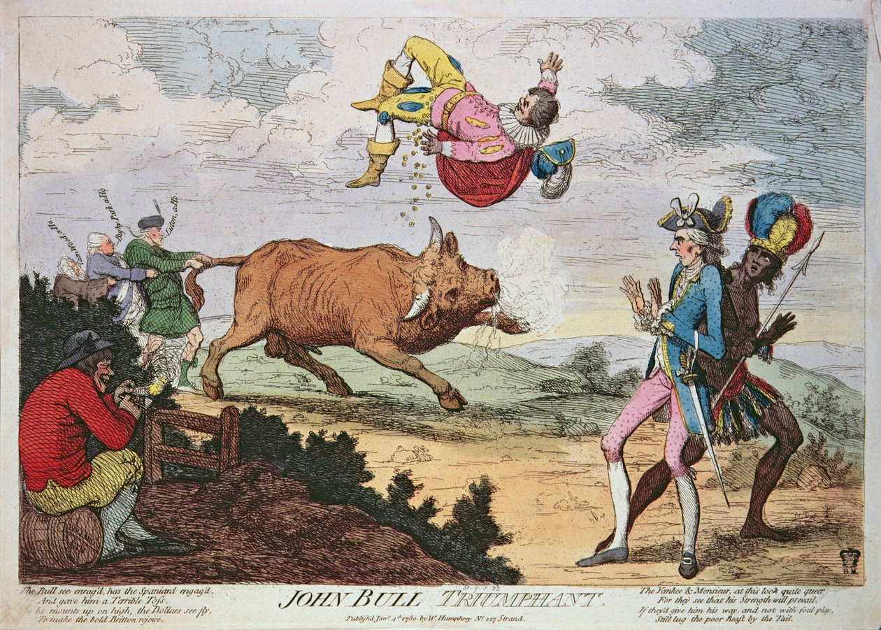 John Bull Triumphant, William Humphrey tarafından yayınlandı, 4 Ocak 1780 (renkli litografi) by James Gillray
