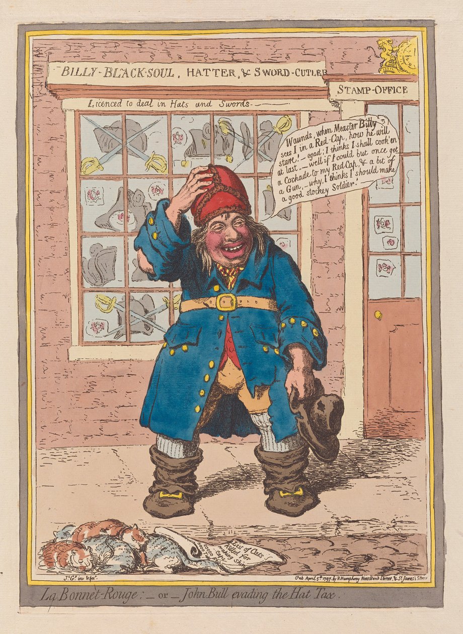 La Bonnet Rouge veya John Bull, Şapka Vergisinden kaçıyor, pub. 1797 (el renkli gravür) by James Gillray