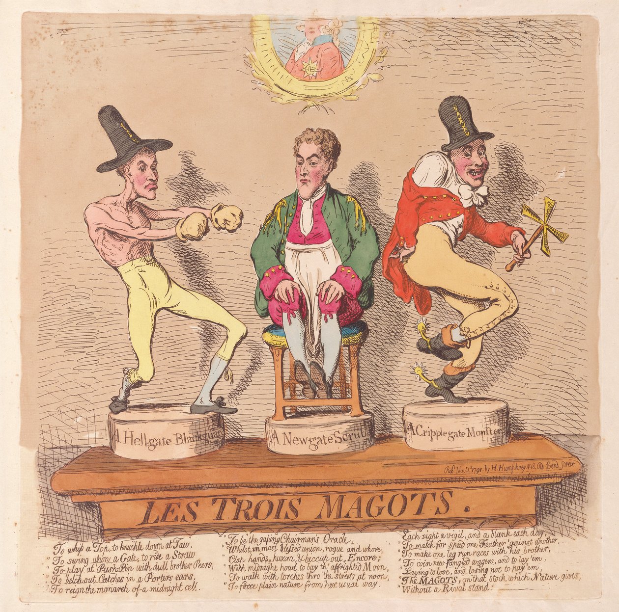 Les Trois Magots, pub. 1791 (el renkli gravür) by James Gillray