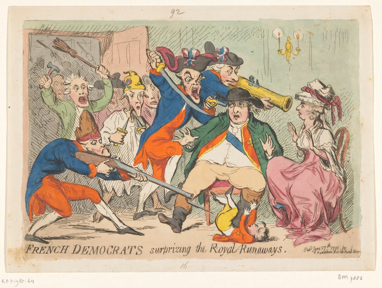 Louis XVI ve Marie Antoinette uçuşta yakalandı, 1791 Kraliyet Kaçaklarını şaşırtan Fransız demokratlar by James Gillray