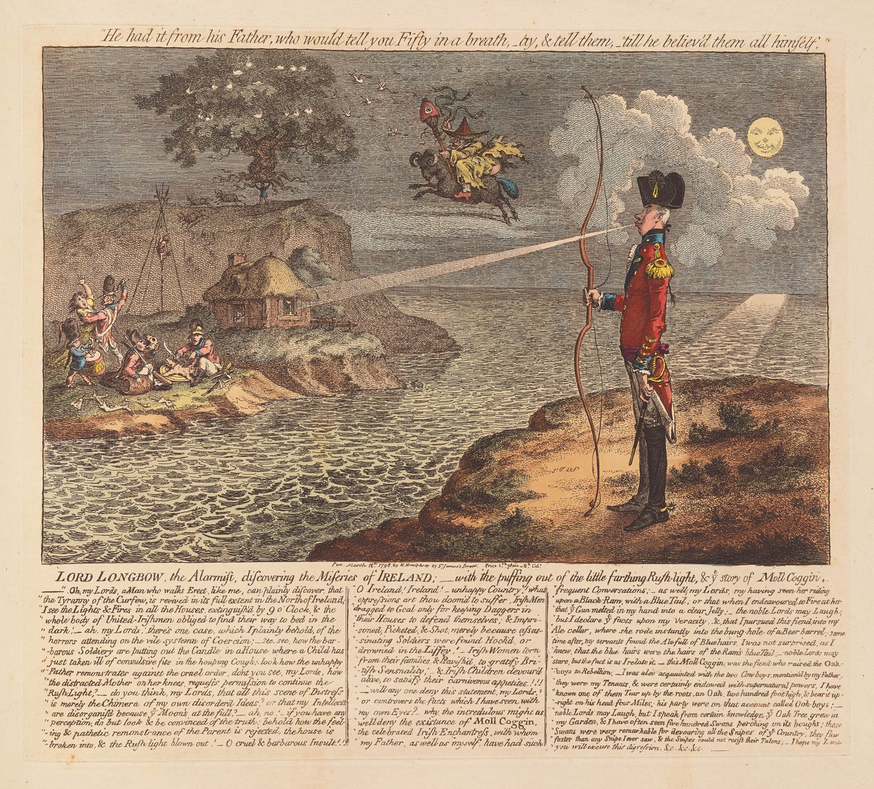 Alarmist Lord Longbow, İrlanda'nın Sefaletlerini keşfederken, pub. 1798 (el renkli gravür) by James Gillray