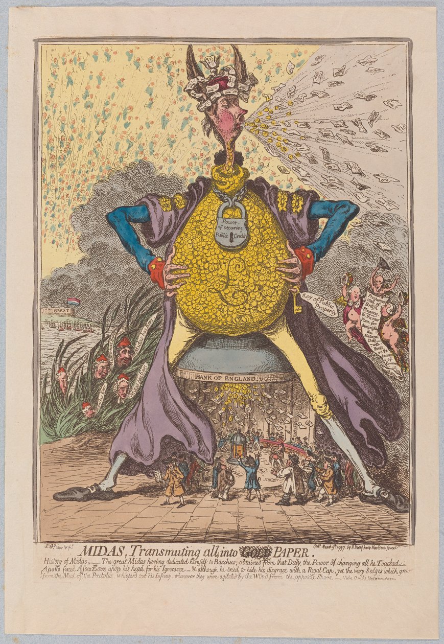 Midas, Her şeyi [Altın] Kağıda Dönüştürmek, yay. 1797 (el renkli gravür) by James Gillray