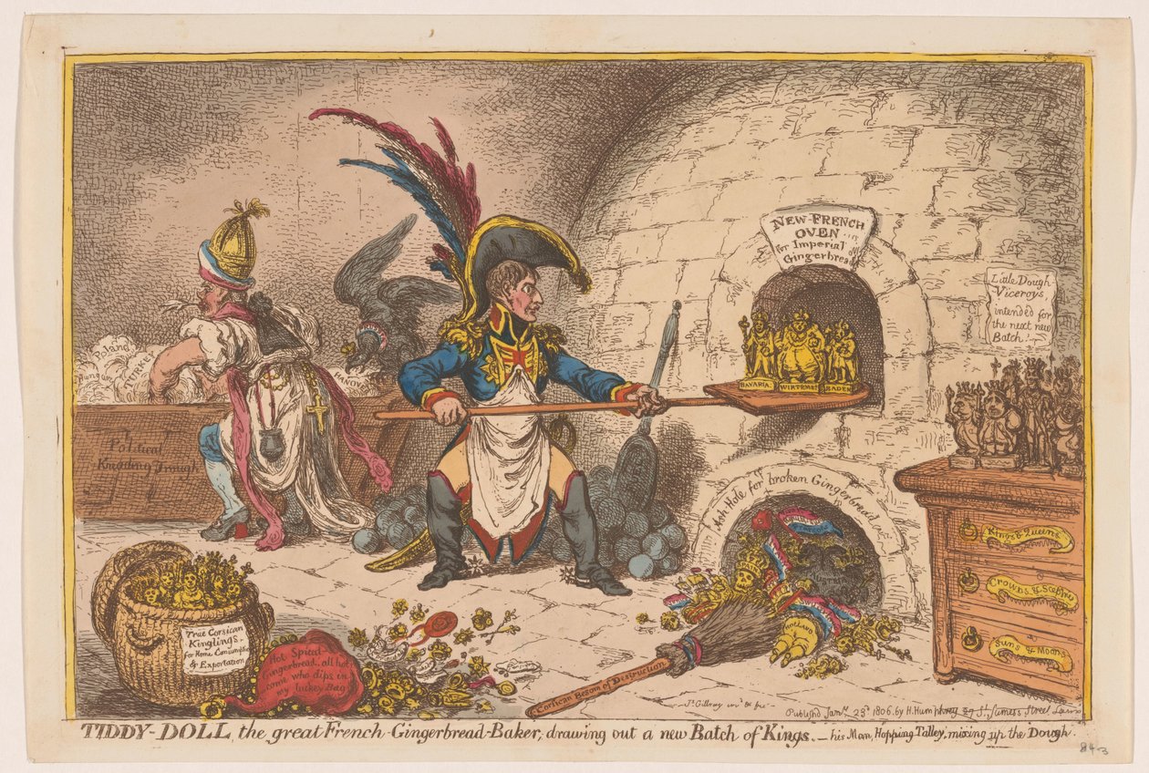 Napolyon Kralların Yeni Bir Kısmını Pişiriyor, 1806 Büyük Fransız Zencefilli Kurabiyeci Tiddy-Doll; yeni bir Kings of Kings çizimi (nesne üzerindeki başlık) by James Gillray