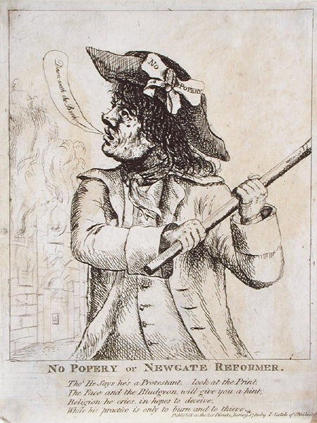 Popery Yok veya Newgate Reformer: muhtemelen Ned Dennis, Newgate Hapishanesi arkasında alevler içindeyken şapkasında 