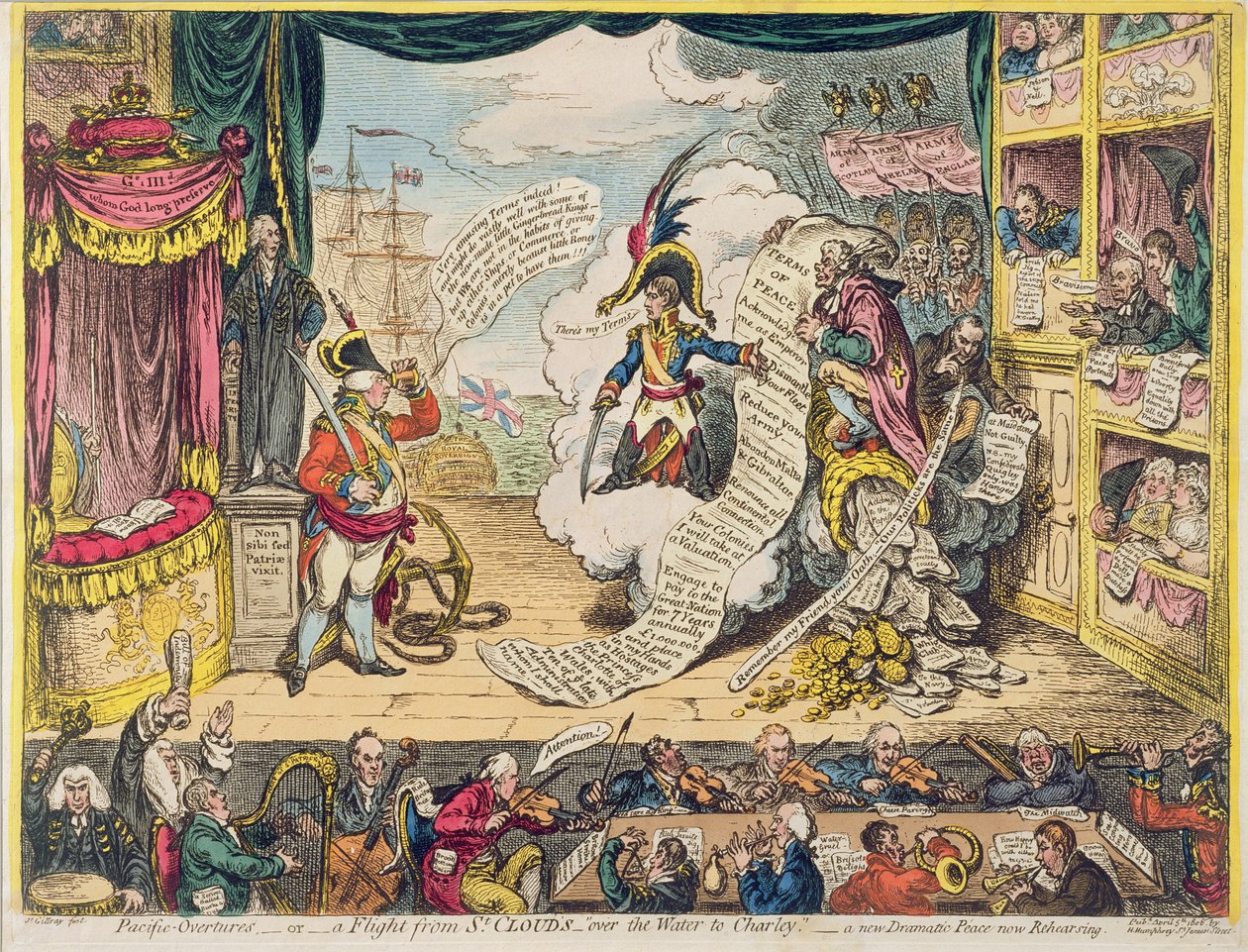 Pacific-Overtures veya A Flight from St. Clouds 'su üzerinde Charley'e' - yeni bir Dramatik Barış Provası Yapılıyor, 1806'da Hannah Humphrey tarafından yayınlandı (el boyaması gravür) by James Gillray
