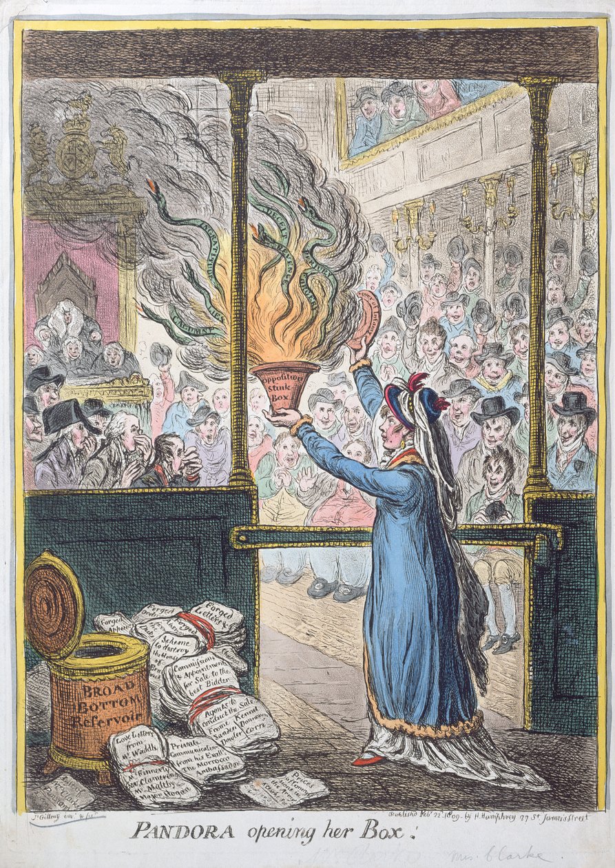 Pandora Kutusunu Açmak, Hannah Humphrey tarafından yayınlandı, 1809 (el boyaması gravür) by James Gillray