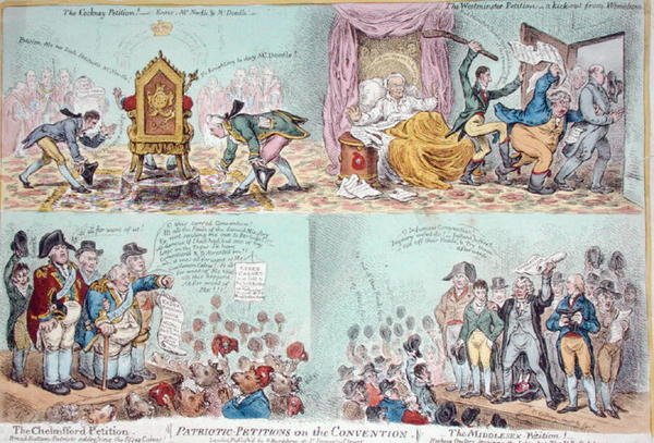 Hannah Humphrey tarafından yayınlanan Sözleşmeye İlişkin Yurtsever Dilekçeler (el ile renklendirilmiş gravür) by James Gillray