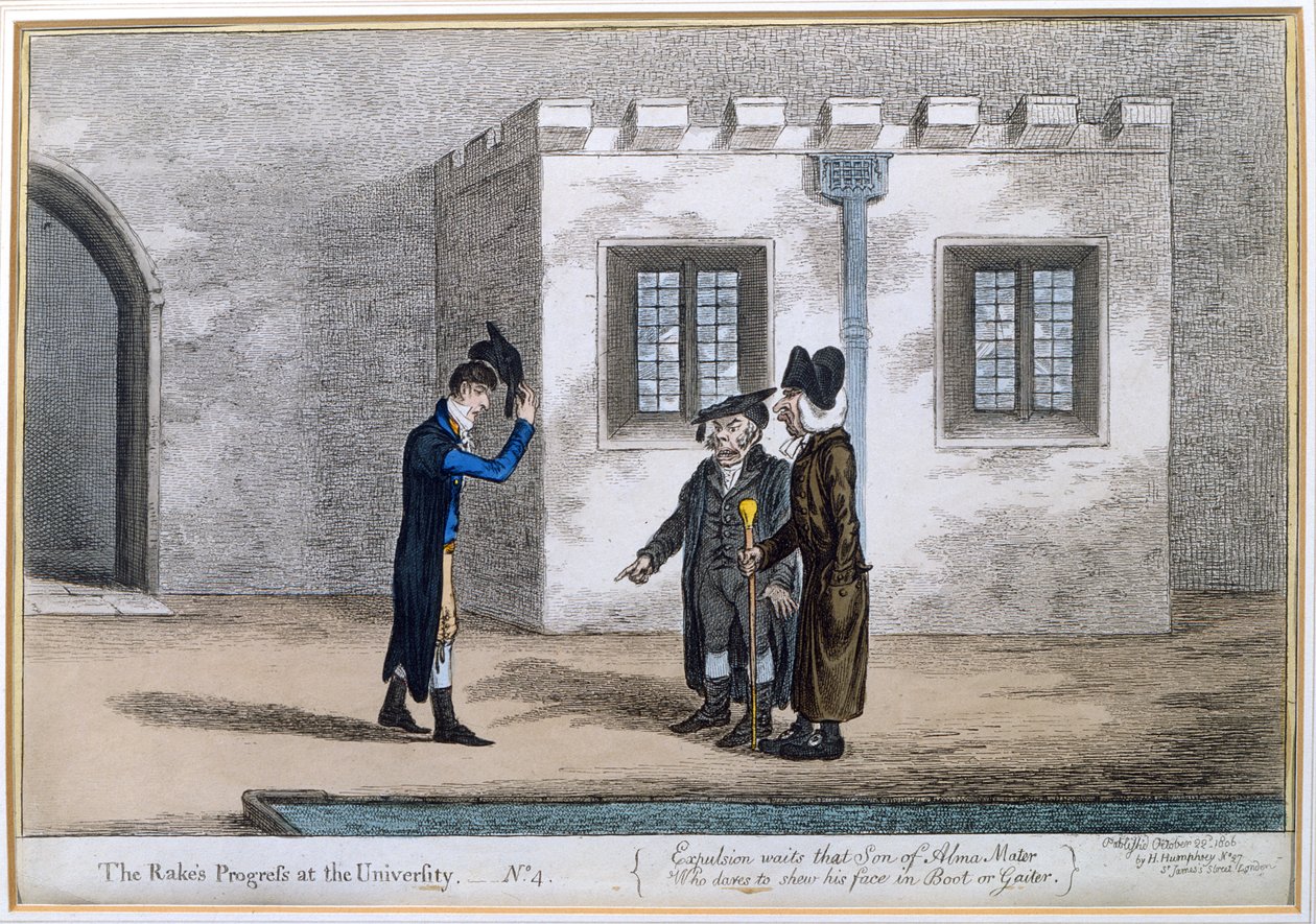 1806'da Hannah Humphrey tarafından yayınlanan 'The Rake's Progress at the University'den 4. Plaka (el ile boyanmış gravür) by James Gillray