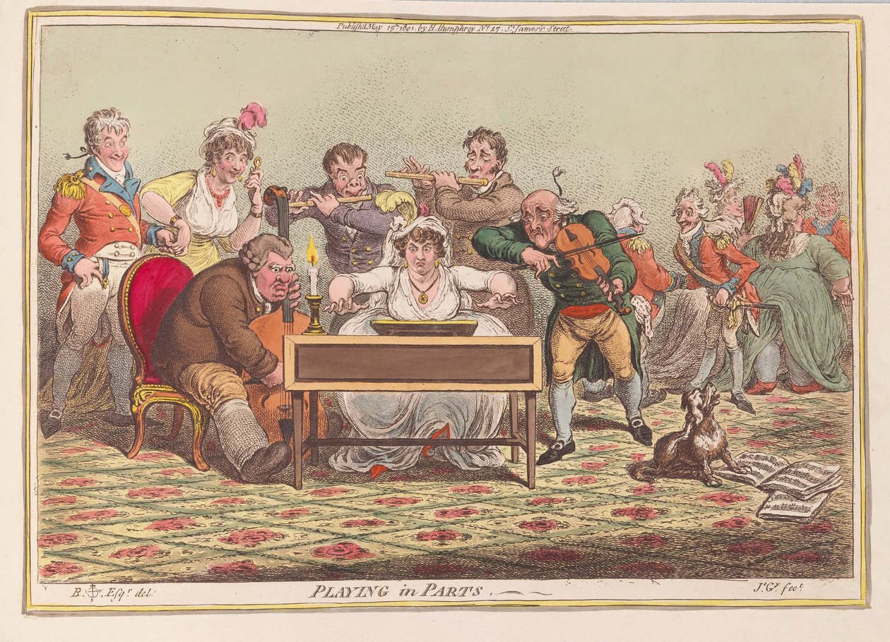 Parçalarda oynamak, pub. 1801 (el renkli gravür) by James Gillray