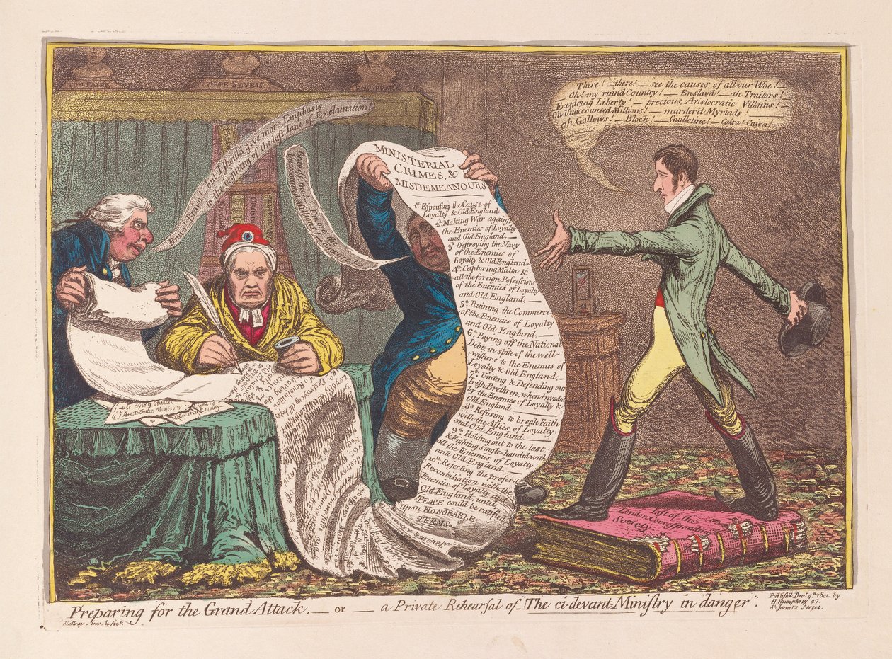 Büyük Saldırıya Hazırlanmak veya Tehlikedeki Ci-devant Bakanlığın Özel Provası, yayın. 1801 (el renkli gravür) by James Gillray